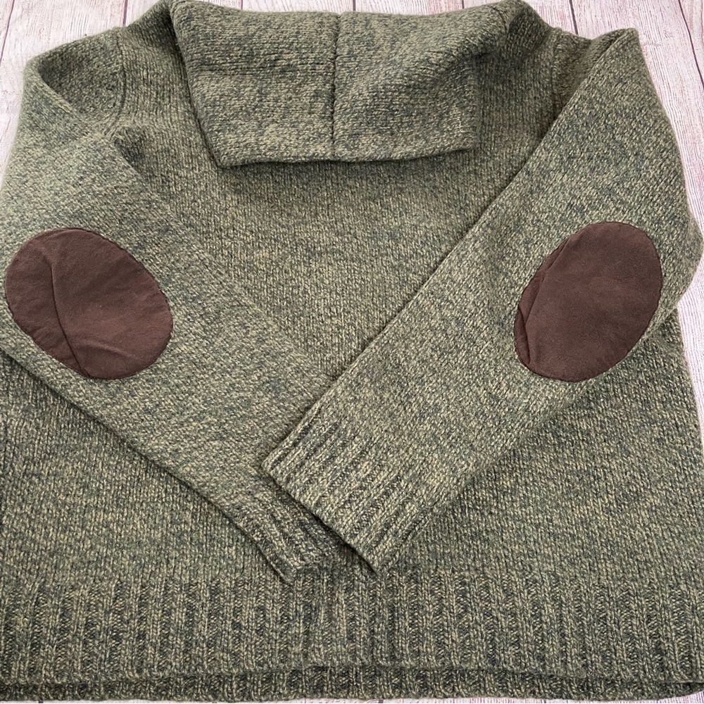 LL Bean Shetland Lambs Wool Shawl Collar Elbow Patch Sweater Knit Medium